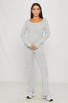 Light Grey Rib Knit Square Neck Long Sleeve Jumpsuit