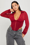 Burgundy Sheer Corset Detail Long Sleeve Top