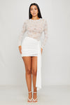 White Lace Ruched Draped Long Sleeve Mini Dress