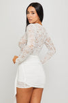 White Lace Ruched Draped Long Sleeve Mini Dress
