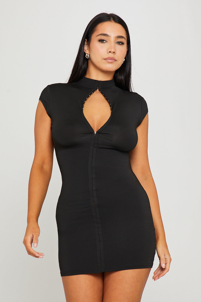 Black High Neck Hook Detail Bodycon Mini Dress