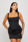 Black Structured Draped Corset Tie Back Mini Dress