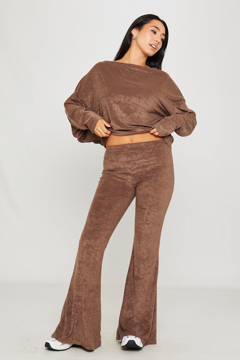 Brown Knitted One Shoulder Top & Pants Loungewear Set 