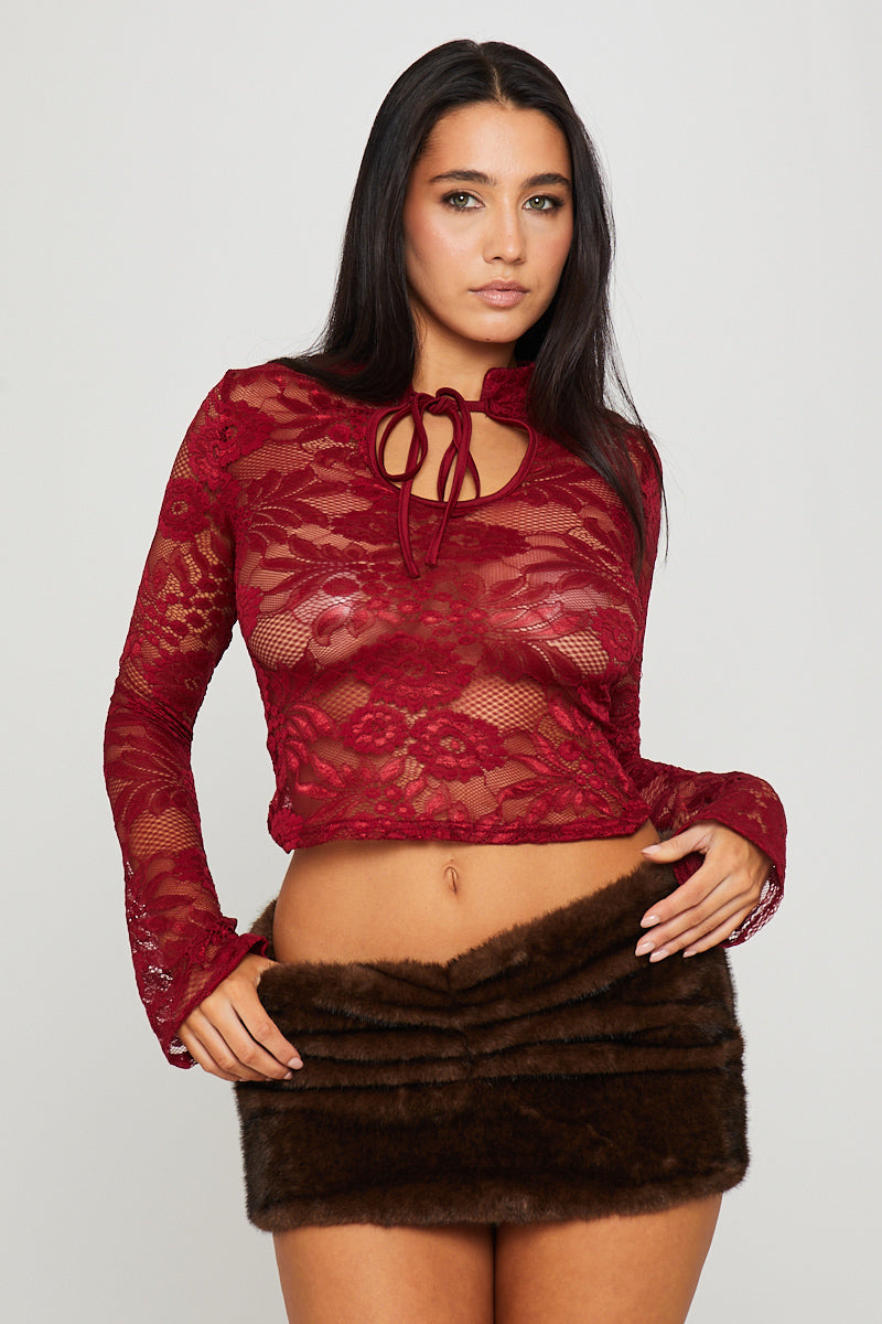 Burgundy Sheer Lace Keyhole Detail Top