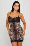 Leopard Print Lace Trim Strappy Bodycon Mini Dress