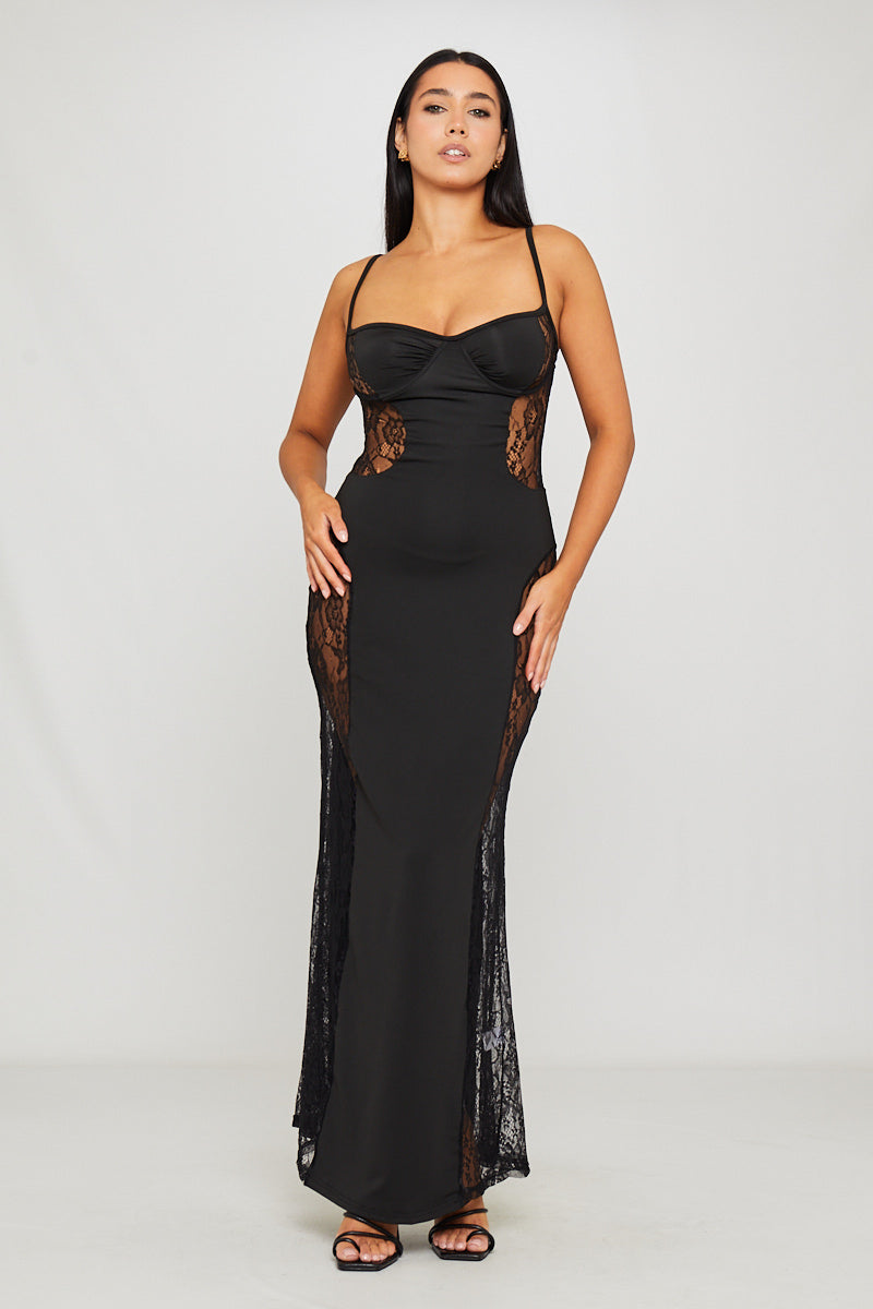 Black Lace Side Detail Strappy Maxi Dress