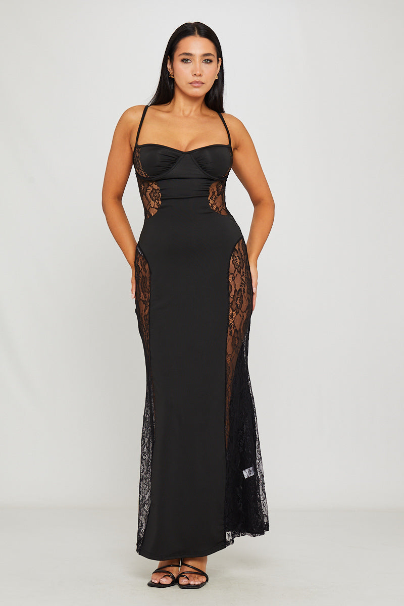Black Lace Side Detail Strappy Maxi Dress