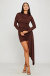Brown High Neck Long Sleeve Draped Mini Dress