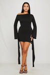 Black One Shoulder Flared Sleeve Draped Mini Dress