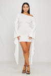 White One Shoulder Flared Sleeve Draped Mini Dress