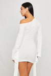 White One Shoulder Flared Sleeve Draped Mini Dress
