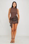 Brown High Neck Sleeveless Draped Detail Mini Dress