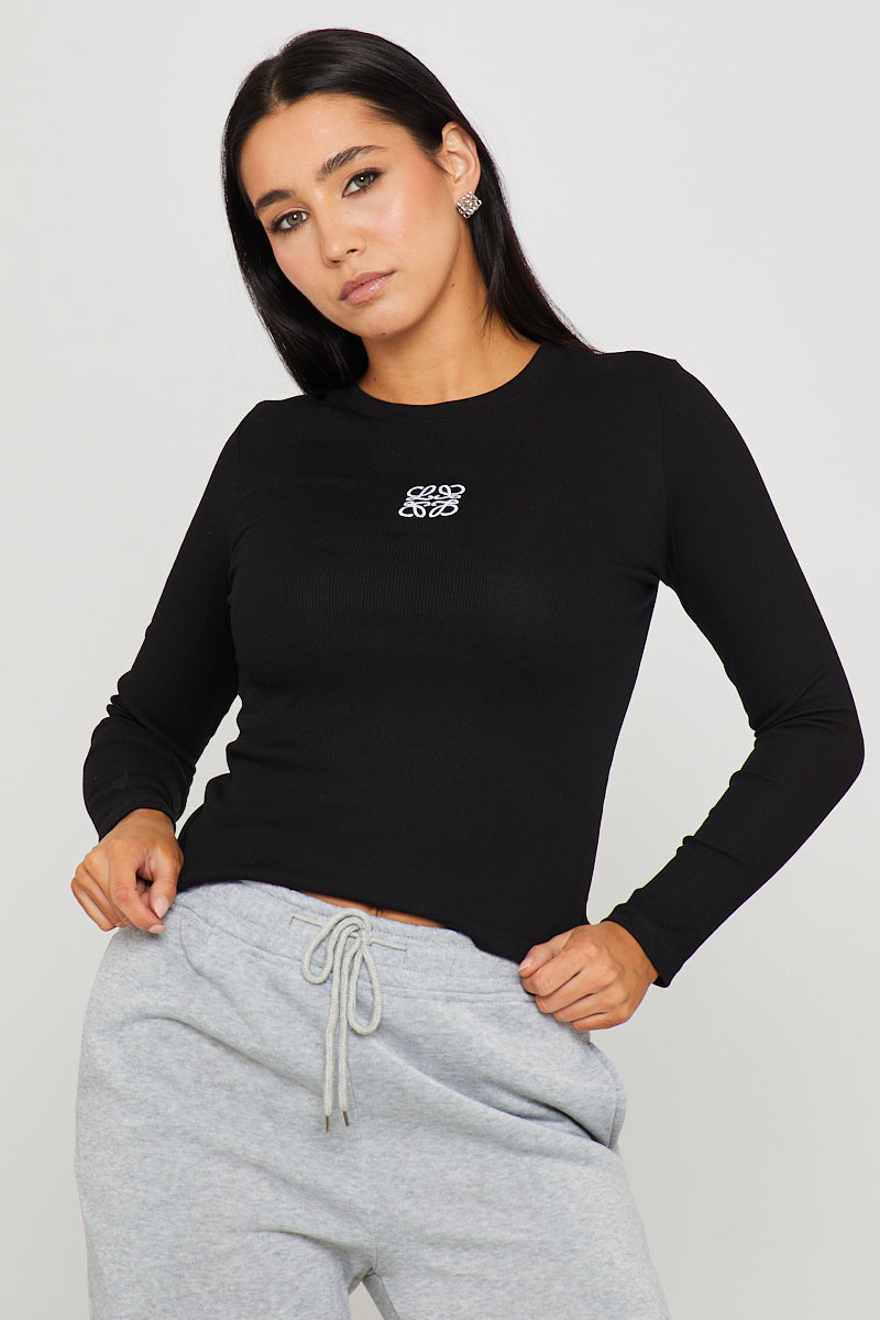 Black Rib Anagram Embroidered Long Sleeve Top