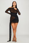 Black Sheer One Shoulder Draped Mini Dress