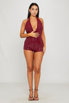 Wine Embellished Halter Neck Plunge Playsuit