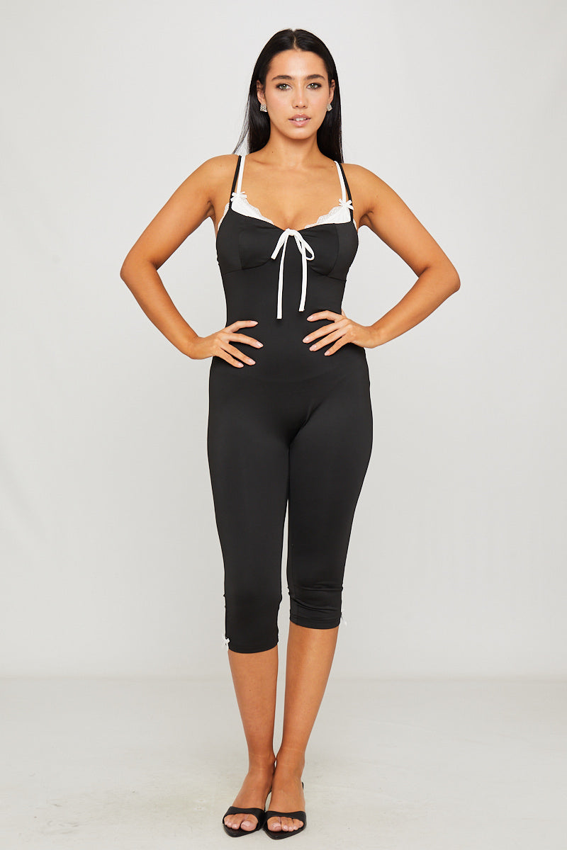 Black Ribbed Tie Front Detail Capri Jumpsuit