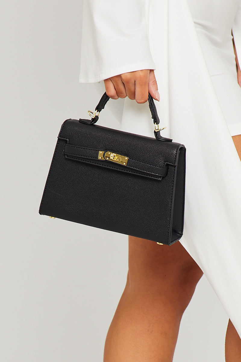 Black Faux Leather Top Handle Tote Bag