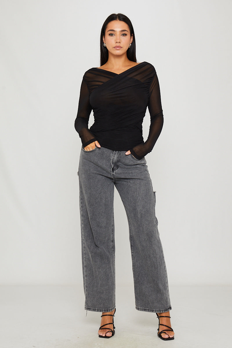 Black Semi Sheer Ruched Long Sleeve Wrap Top