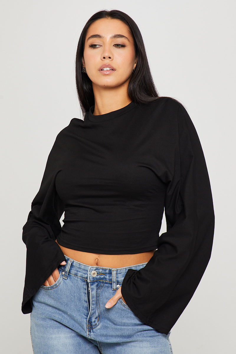 Black Cinched Waist Long Sleeve Top