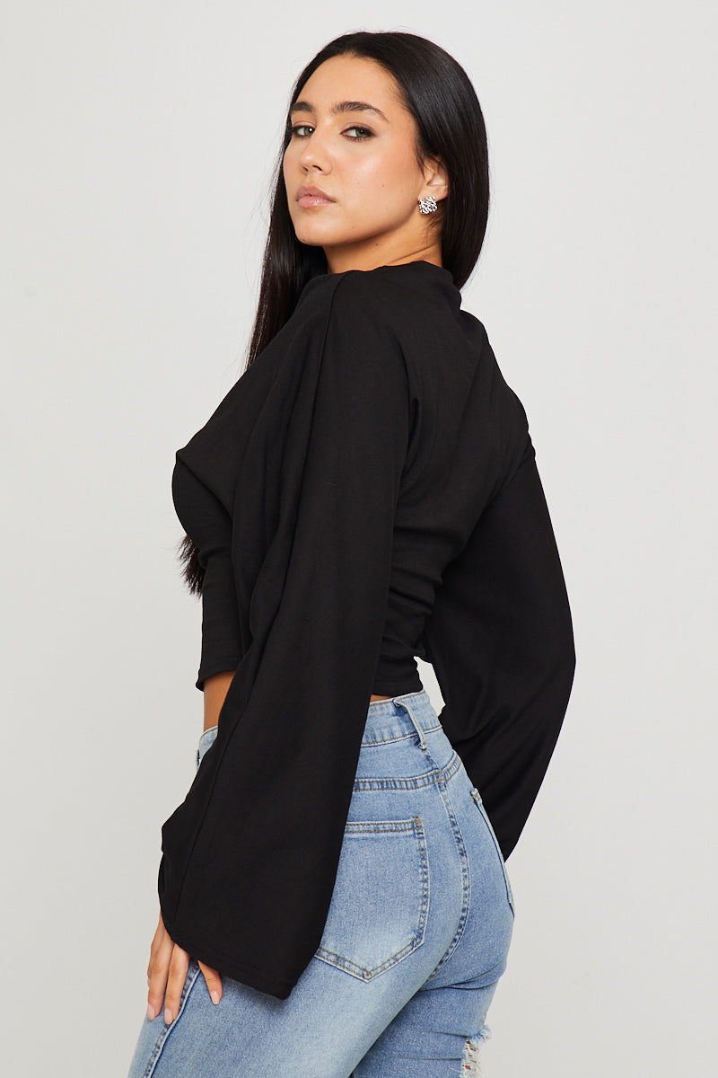 Black Cinched Waist Long Sleeve Top