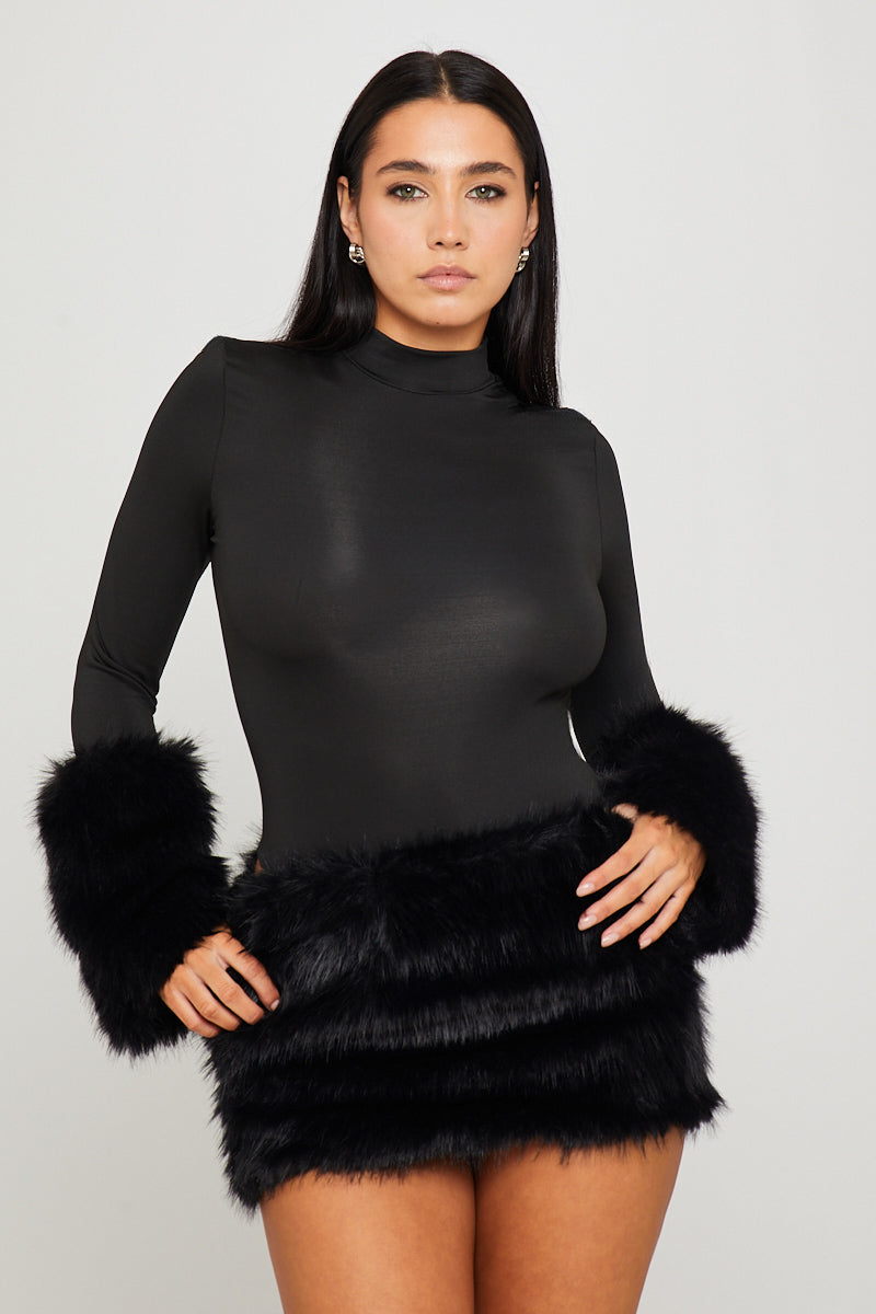 Black High Neck Faux Fur Long Sleeve Bodysuit