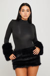 Black High Neck Faux Fur Long Sleeve Bodysuit