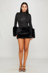 Black High Neck Faux Fur Long Sleeve Bodysuit