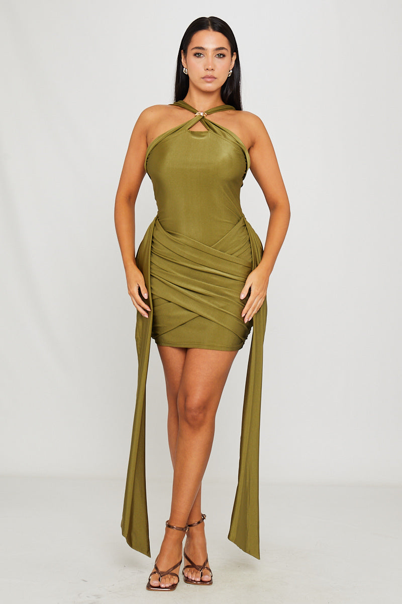 Green Ruched Draped Detail Sleeveless Mini Dress