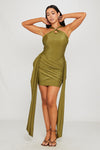 Green Ruched Draped Detail Sleeveless Mini Dress