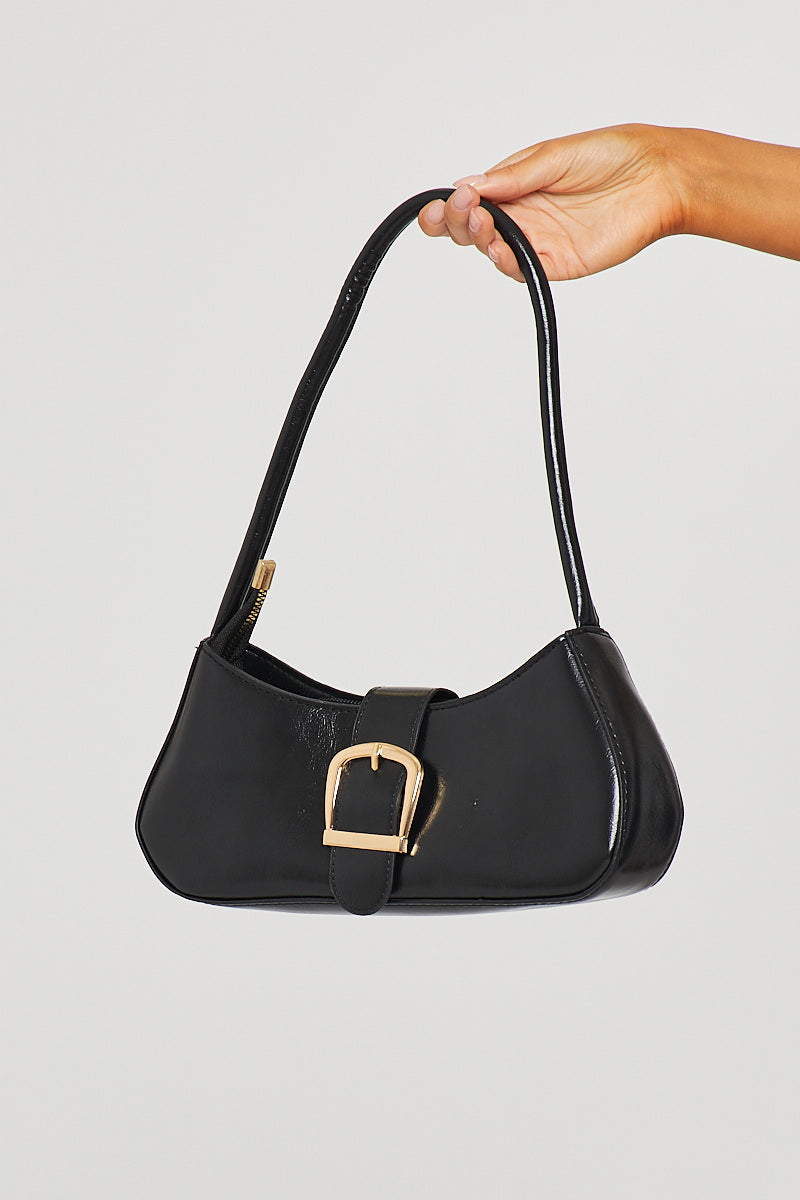 Black Faux Leather Buckle Detail Shoulder Bag