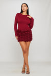 Wine Floral Textured Long Sleeve Mini Dress