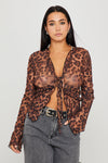 Leopard Print Sheer Ruffle Detail Tie Front Top