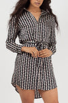 Black Satin Geometric Print Belted Shirt Dress