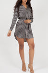 Black Satin Geometric Print Belted Shirt Dress