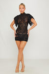 Black Sheer Lace Ruched Bodycon Mini Dress