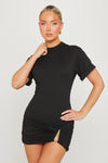 Black Padded Shoulder Gold Buckle Mini Dress