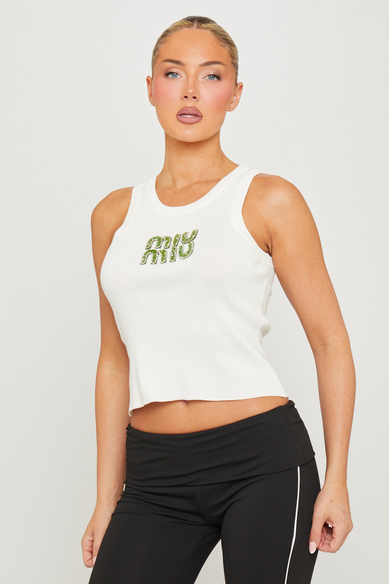 White/Green Logo Embellished Ribbed Tank Top