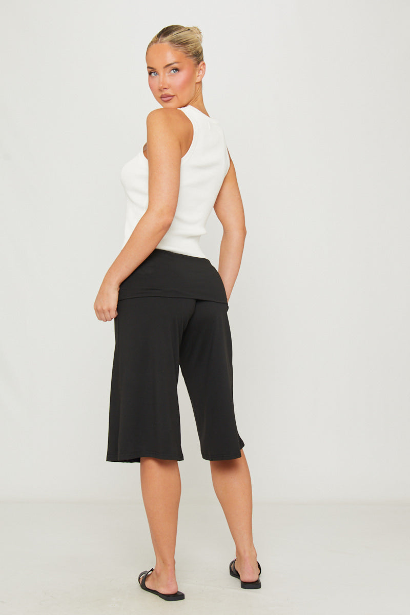 Black Fold Over Wide Leg Capri Leggings