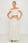 White Polka Dot Off Shoulder Top & Maxi Skirt Co-Ord