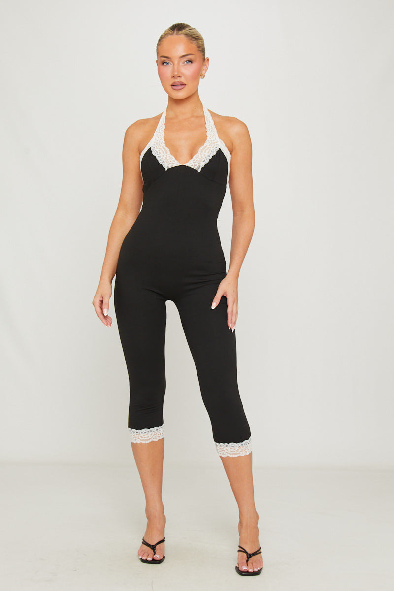 Black Lace Trim Halter Neck Capri Jumpsuit