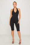 Black Plunge Button Detail Capri Jumpsuit