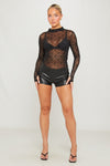 Black Monogram Print Mesh High Neck Top