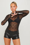 Black Monogram Print Mesh High Neck Top