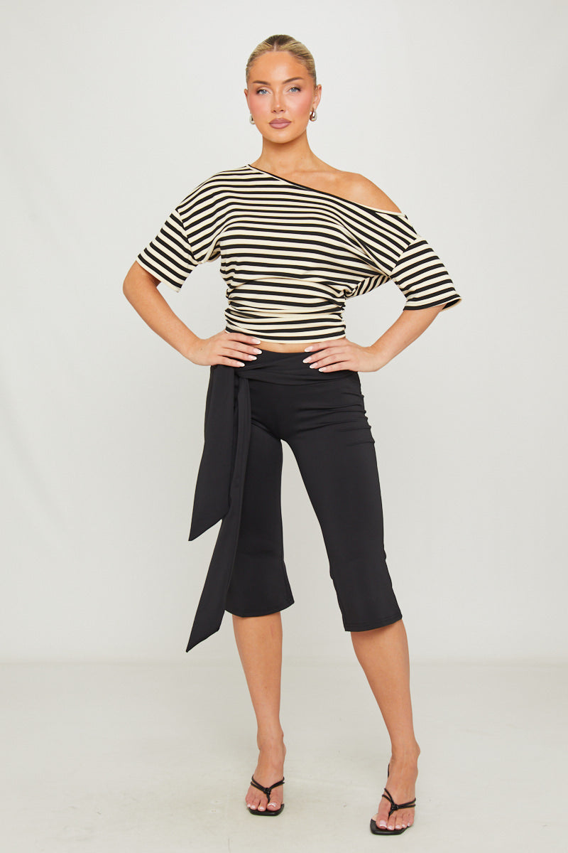 Black Low Waist Tie Detail Capri Pants