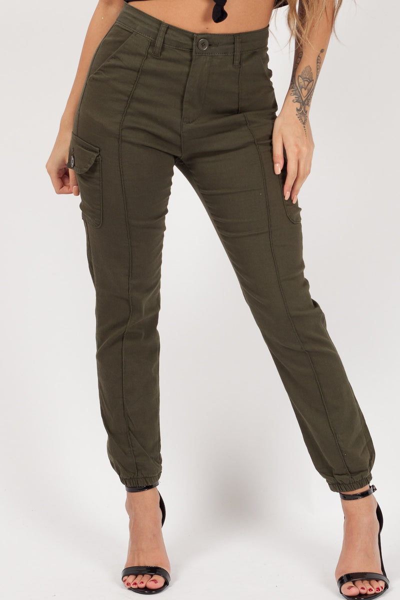 Khaki Slim Fit High Waisted Cargo Trousers