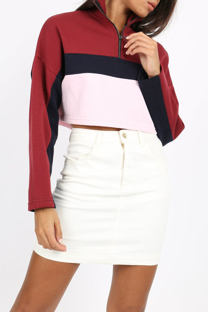 Burgundy Colour Block Stripe Cropped Sweatshirt