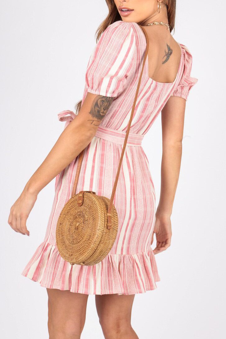 Pink Stripe Print Ruffle Hem Mini Dress