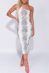 Grey Snake Print One Shoulder Bodycon Midi Dress