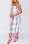 Grey Snake Print One Shoulder Bodycon Midi Dress