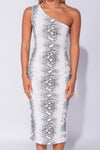 Grey Snake Print One Shoulder Bodycon Midi Dress